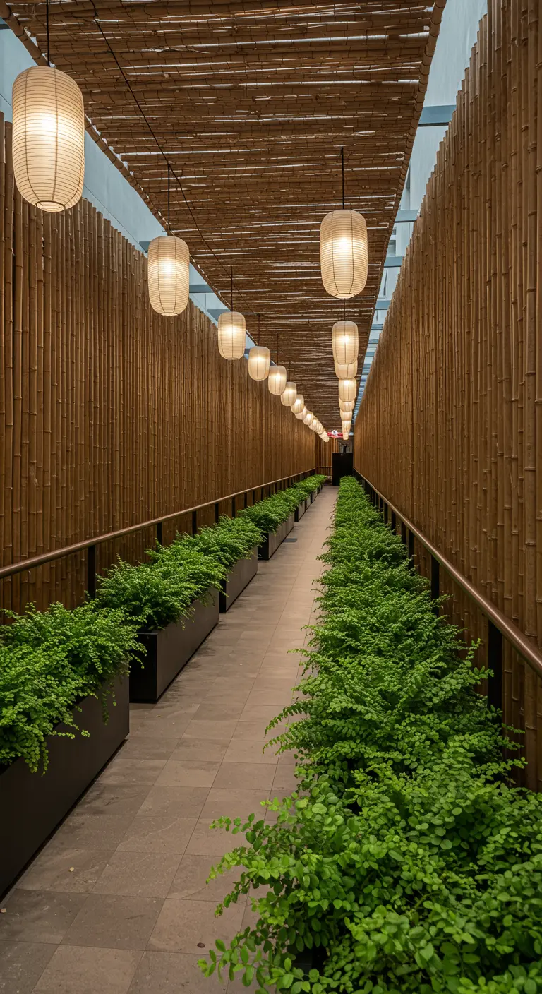 A long corridor lined with bamboo and ferns, illuminated by a row of hanging paper lanterns.