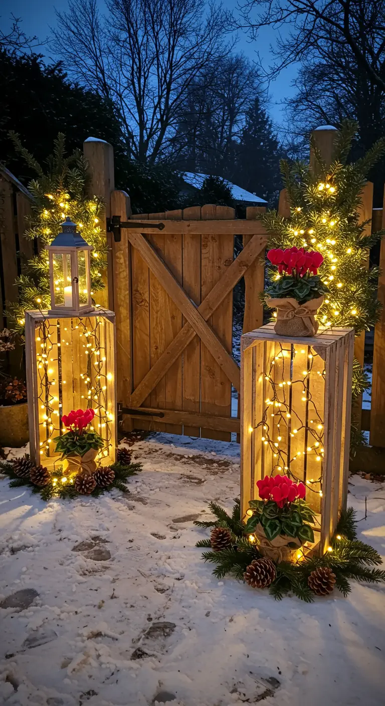 Two wooden crates filled with fairy lights act as glowing pillars on either side of a wooden gate.