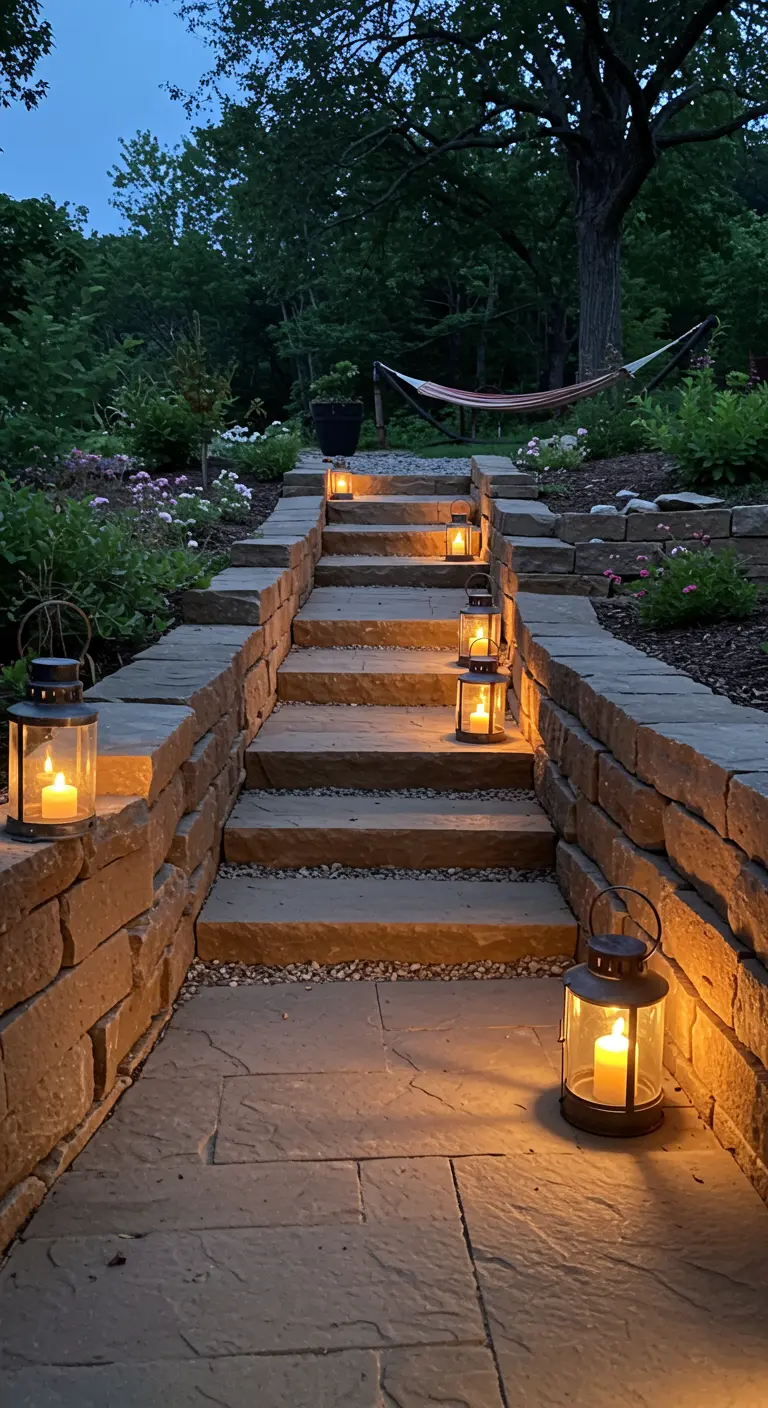 Stone garden steps are lit by lanterns placed on alternating sides of the staircase.