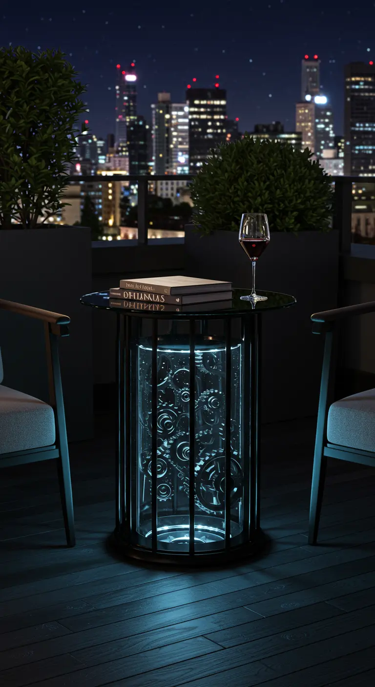 Cylindrical table with an illuminated gear display inside a glass and metal case on a city balcony.