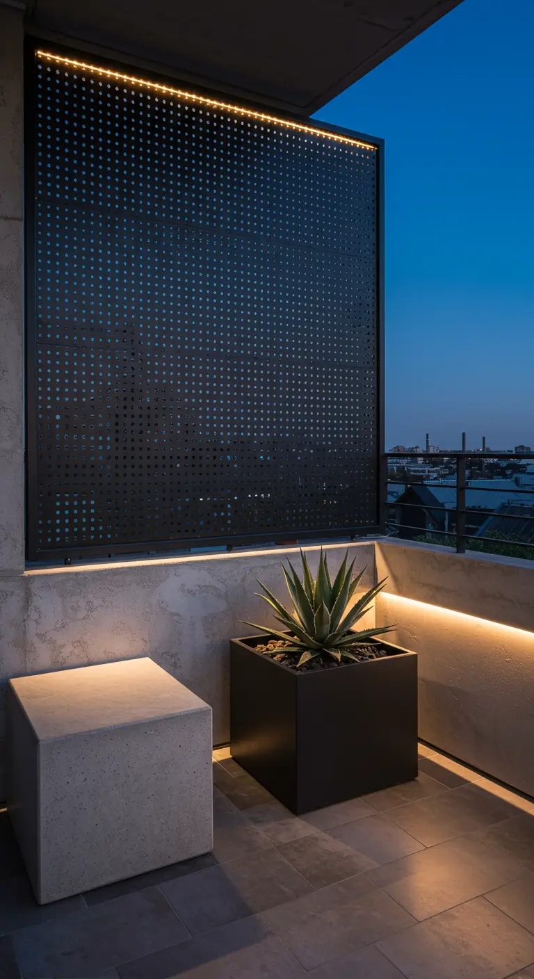A perforated black metal screen on a balcony, illuminated by LED strip lights.