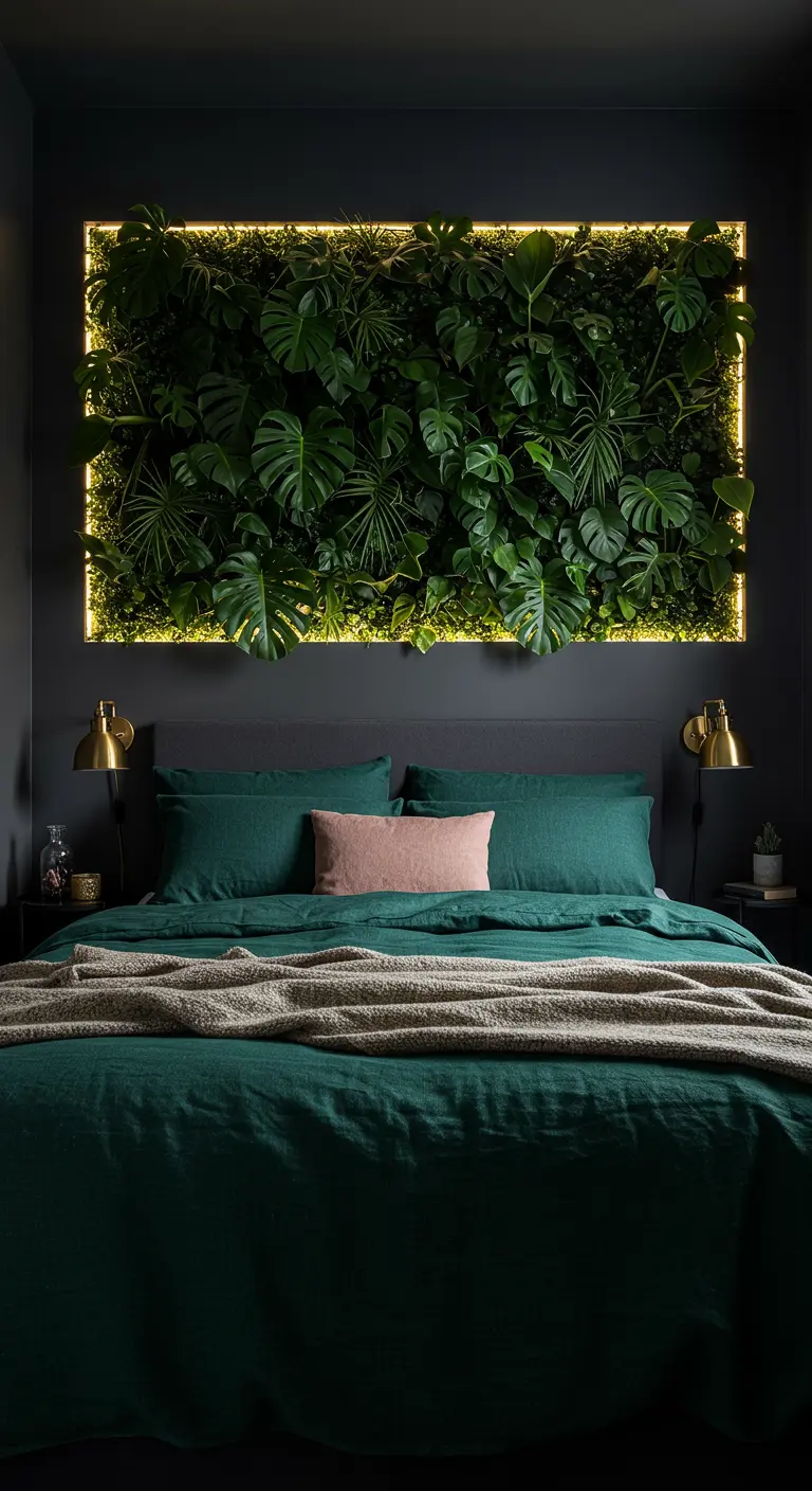A dark green bedroom featuring a plant wall framed with LED backlighting.