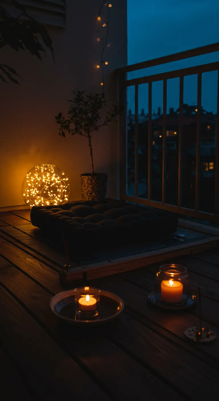 A minimalist balcony corner with a floor cushion, a small plant, and a large glass orb of fairy lights.