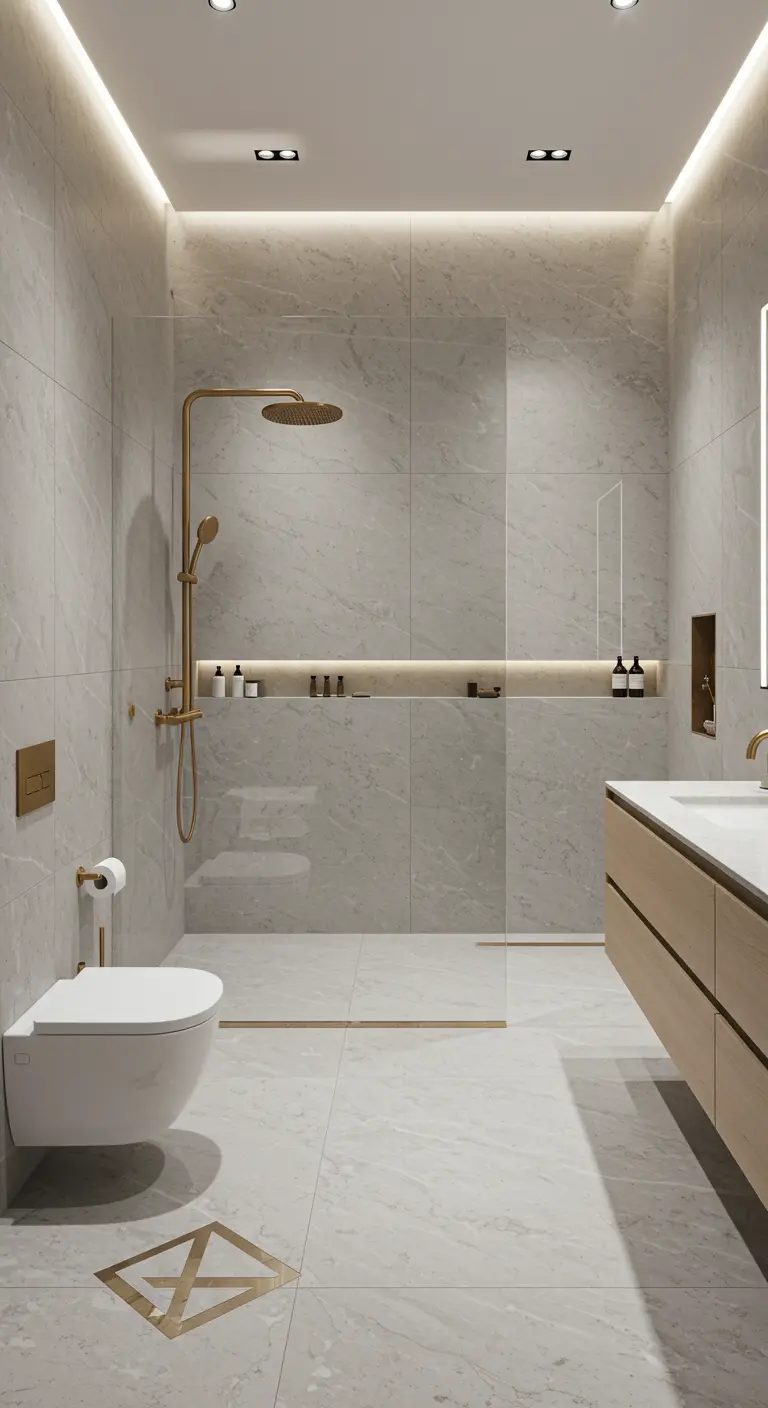 Modern walk-in shower with a long, backlit recessed niche for toiletries.