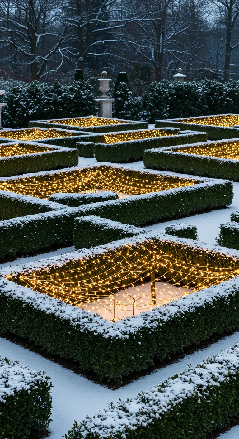 Formal boxwood hedges in a snowy garden covered with nets of fairy lights.