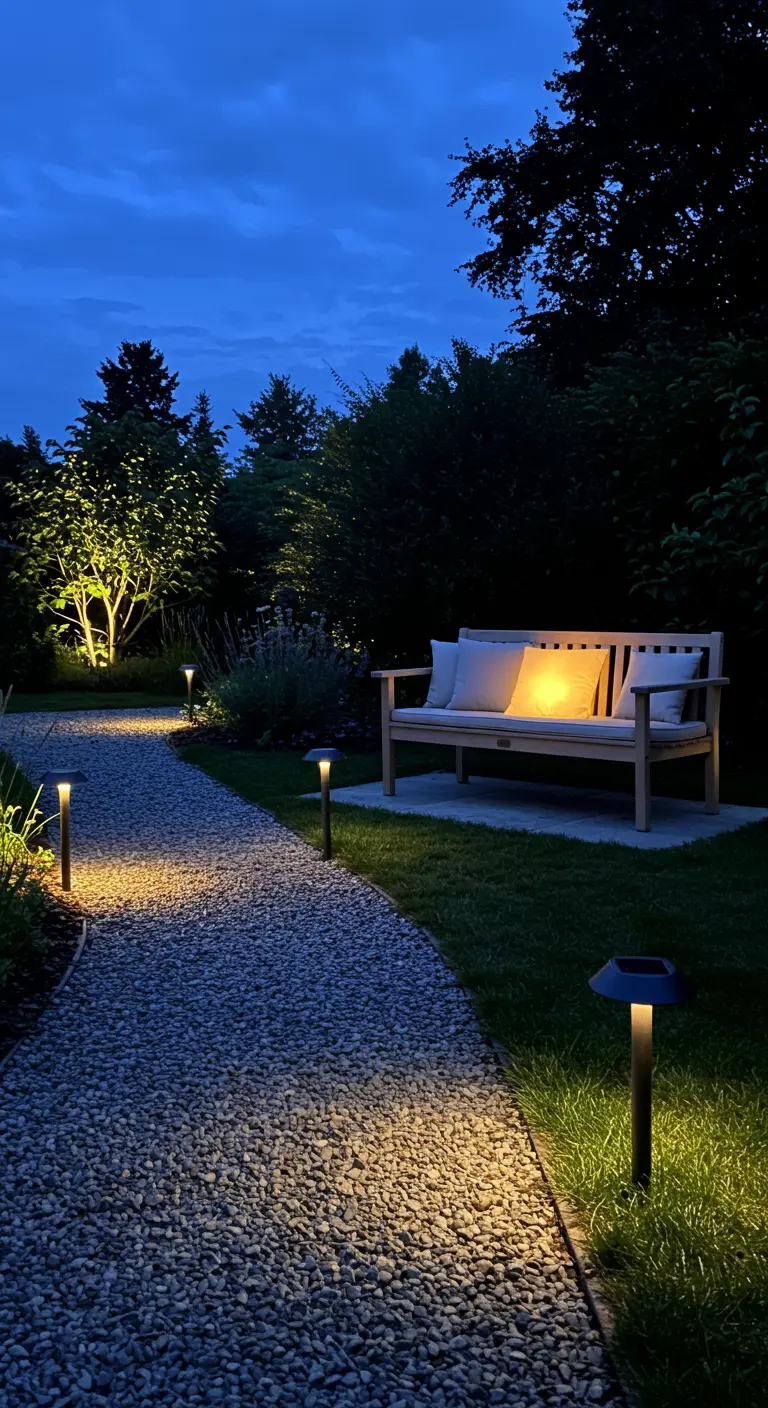 A garden path lit with solar lights leading to a wood bench illuminated at night.