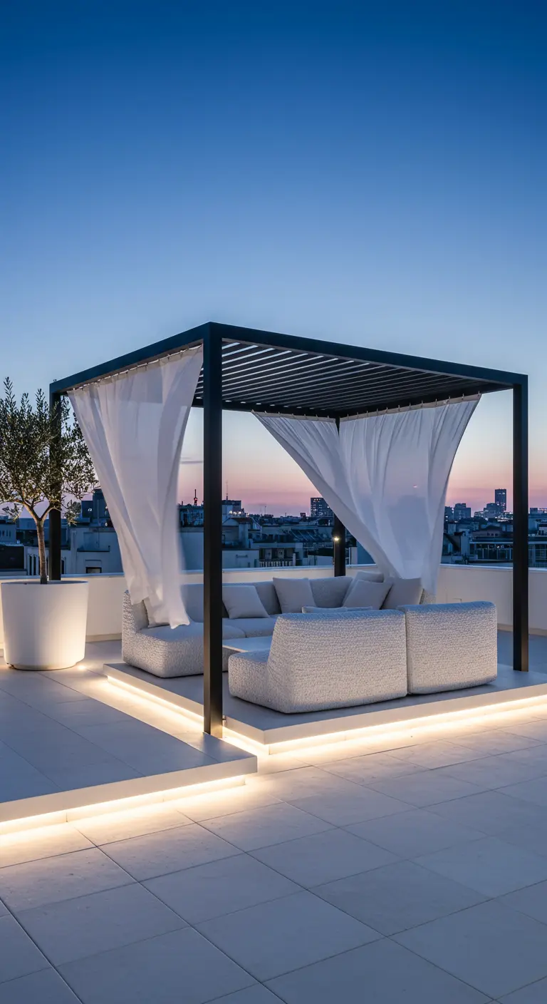 Modern rooftop terrace with a black pergola, white seating, and glowing LED base lighting at dusk.