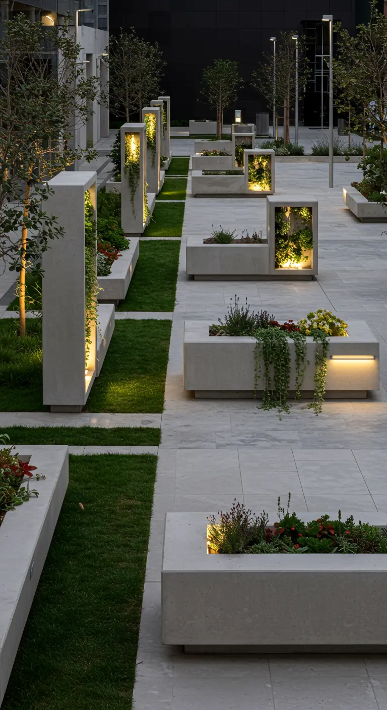A modern plaza with a geometric layout of concrete benches and planters, lit from within at night.