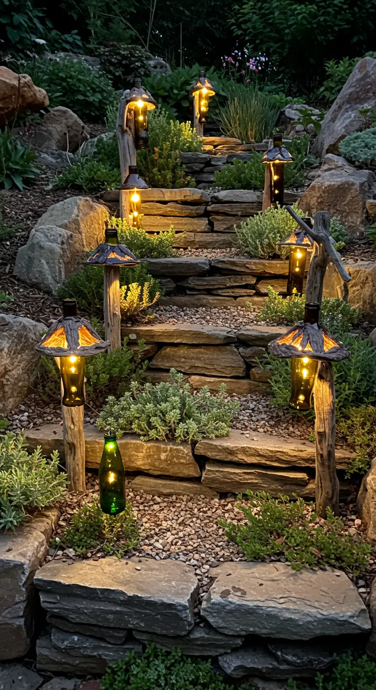 Stone garden steps illuminated by custom driftwood and bottle lanterns with metal shades.