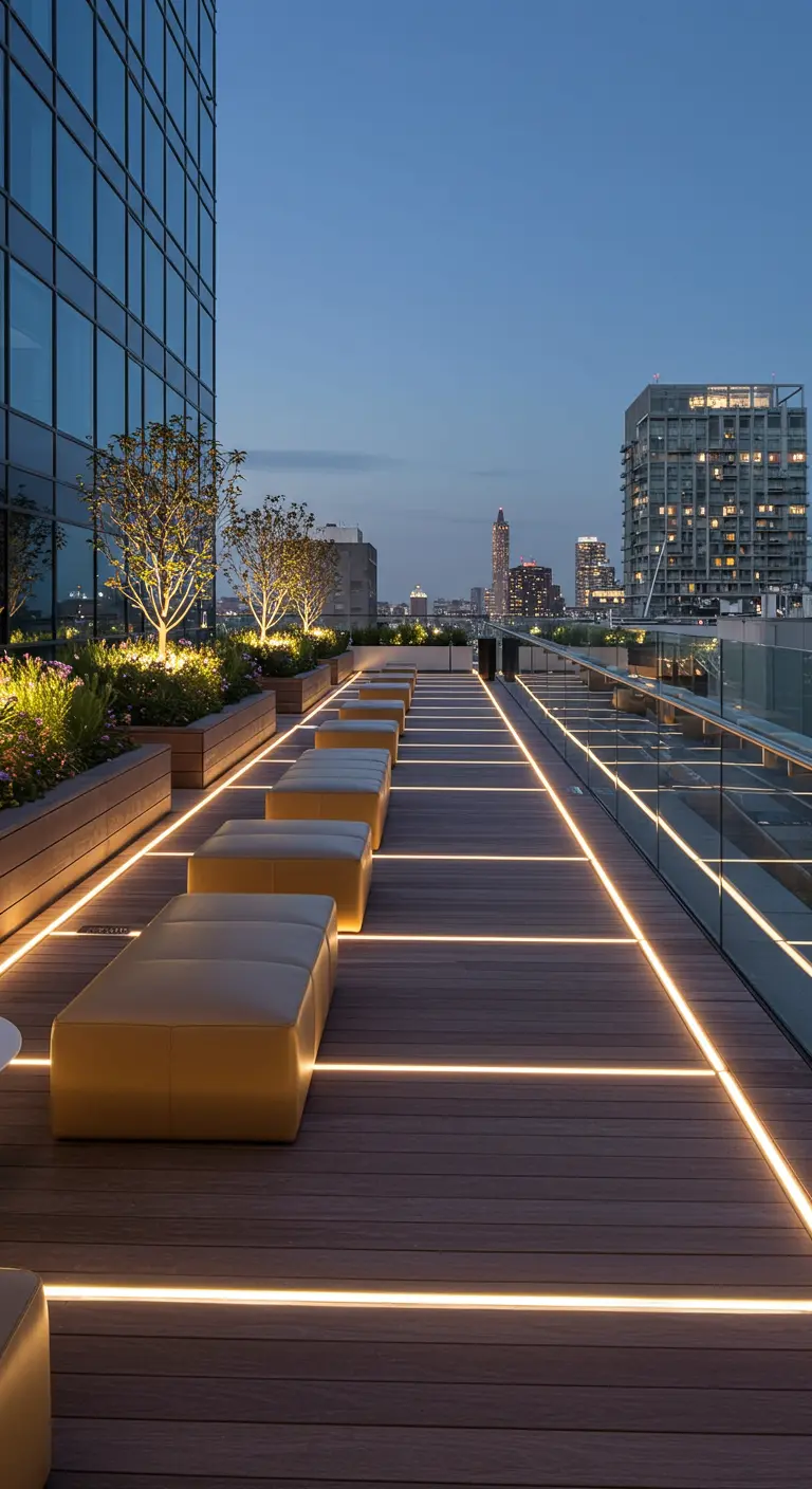 Long, modern rooftop deck with LED light strips embedded in the floor and low tan poufs.