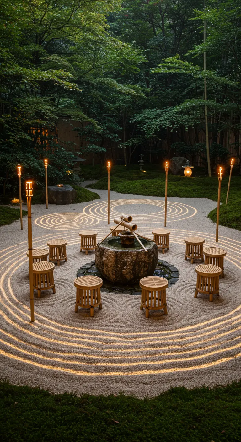 A Zen garden with illuminated rings in the sand, bamboo stools, and a central water basin.