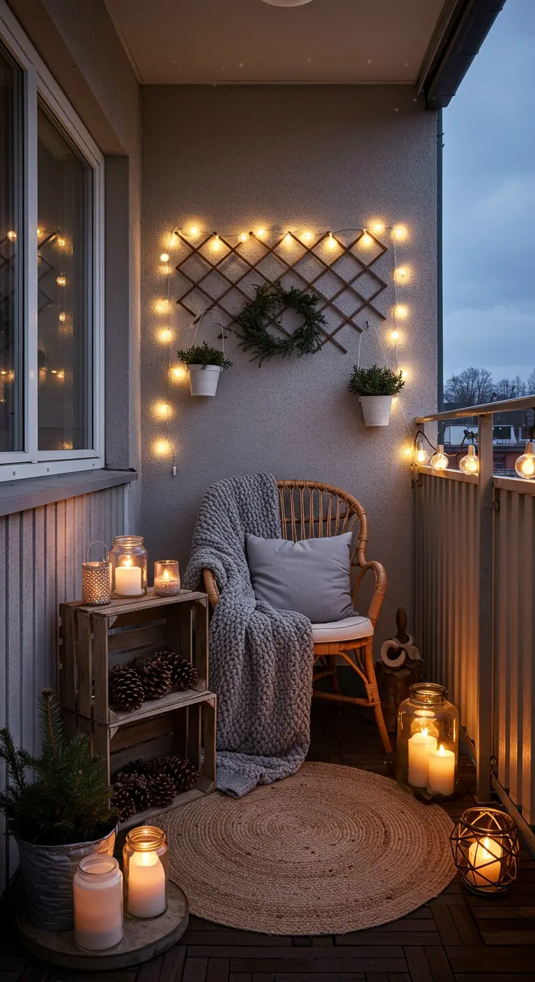 Cozy balcony corner with a rattan chair, string lights on a trellis, and candles.