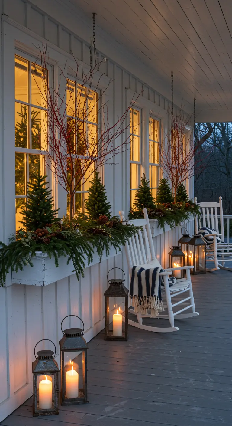 White house with glowing window boxes filled with evergreens, branches, and lanterns on the porch.