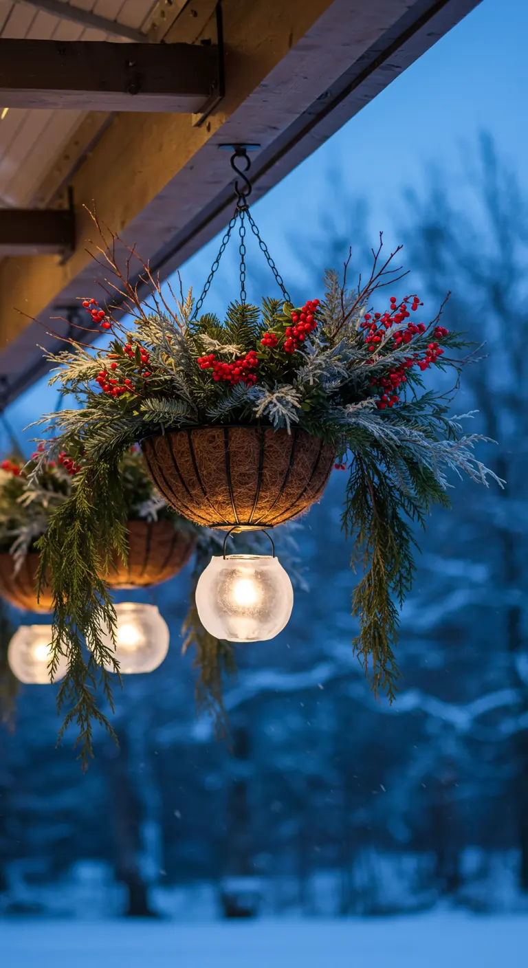 A winter hanging basket filled with evergreens and red berries, with a glowing orb underneath.