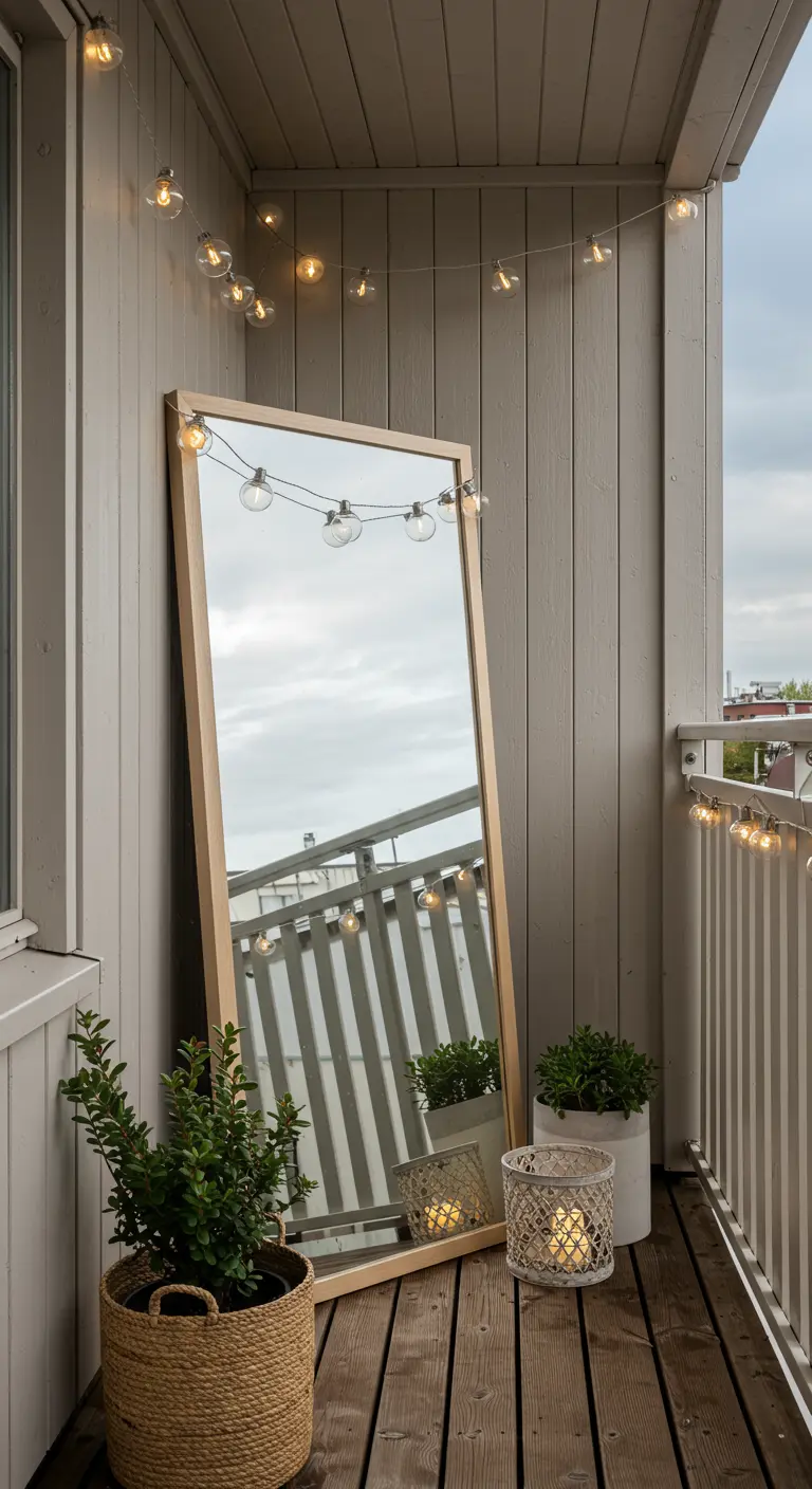 A balcony with a large leaning mirror that reflects the space, surrounded by plants and lights.