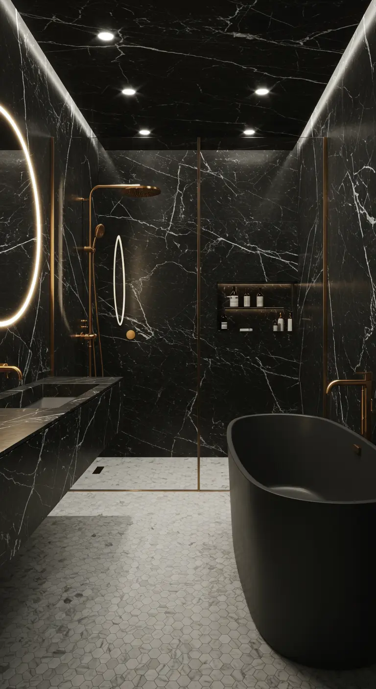 Moody bathroom with black marble walls, ceiling, and vanity, with a round backlit mirror.