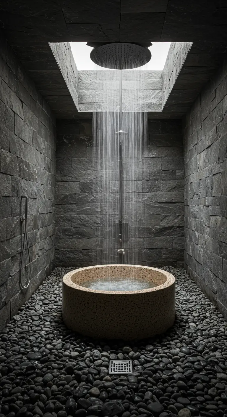 Dark, cave-like wet room with a round tub filled by a ceiling rainfall shower.