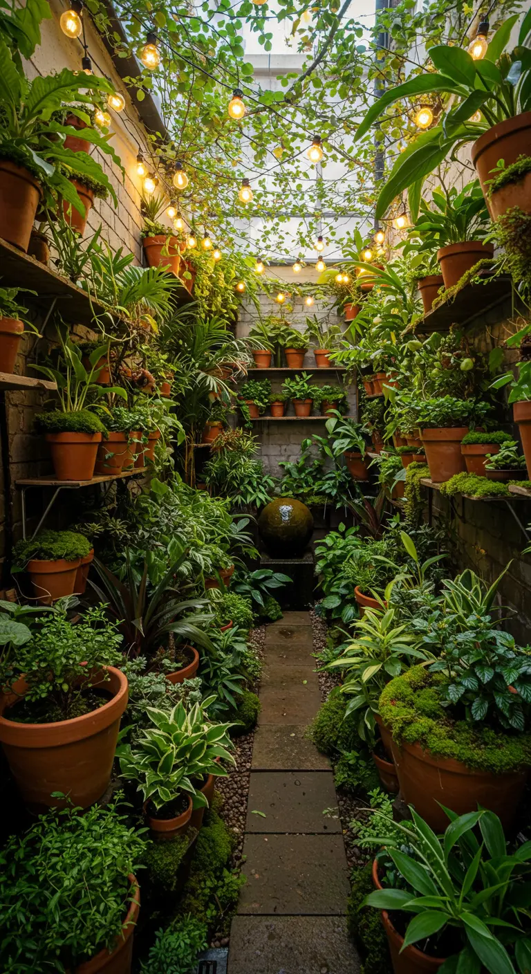 A narrow, lush green corridor with plants on shelves, a small fountain, and overhead lights.