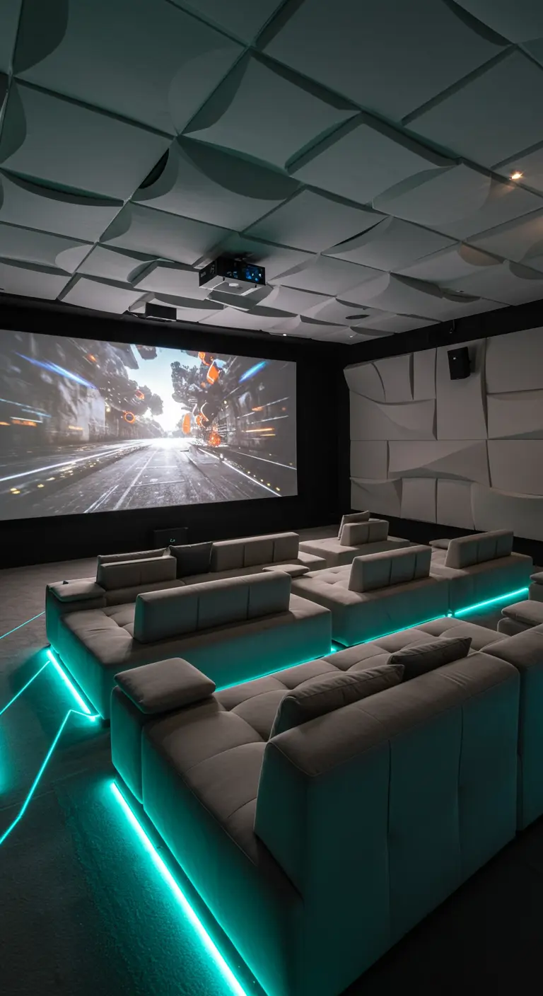 Home theater with tiered seating, teal under-lighting, and geometric acoustic wall panels.