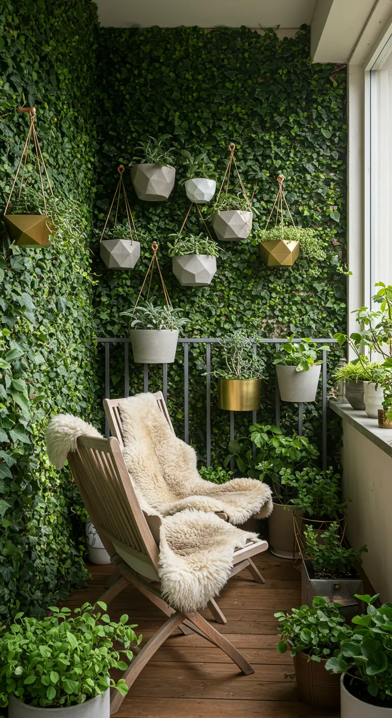 A balcony with a wall completely covered in ivy, with additional hanging planters.