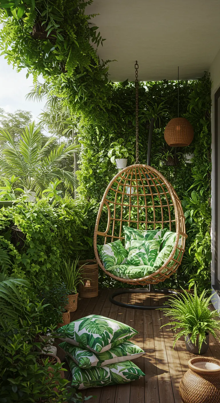 A hanging rattan egg chair surrounded by a lush green wall of plants.