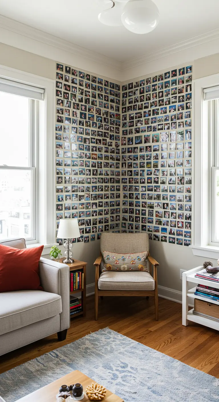 A corner wall covered from floor to ceiling in a grid of small square photos.