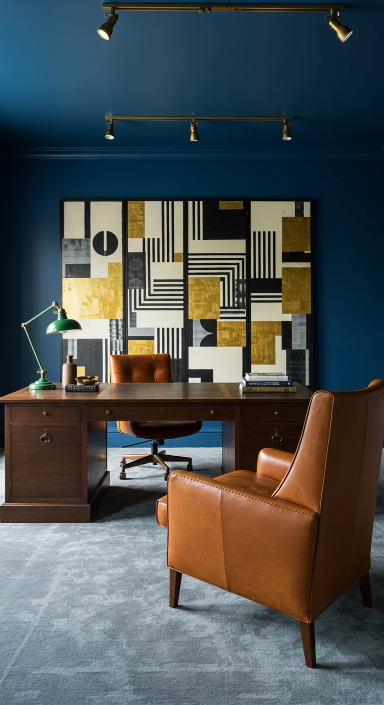 Home office with deep blue walls and ceiling, a large wood desk, and gold track lighting.