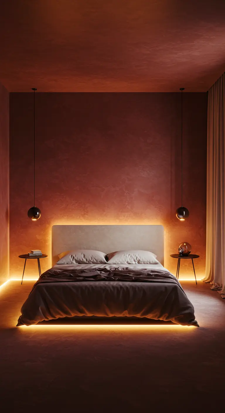 A bedroom with deep red walls and floors, fully illuminated by hidden orange LED strips.