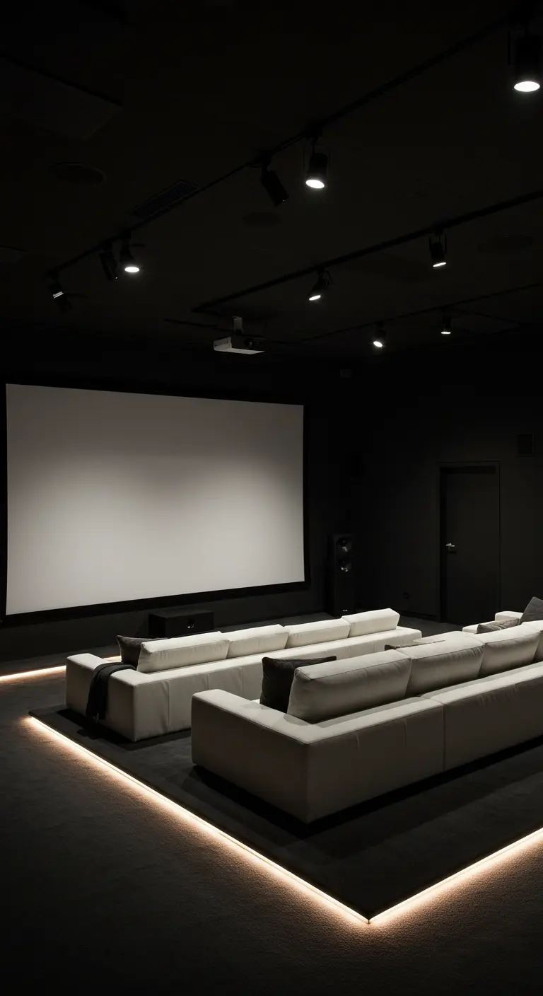 Dark home theater with a large screen, white sofas, and ambient floor lighting.