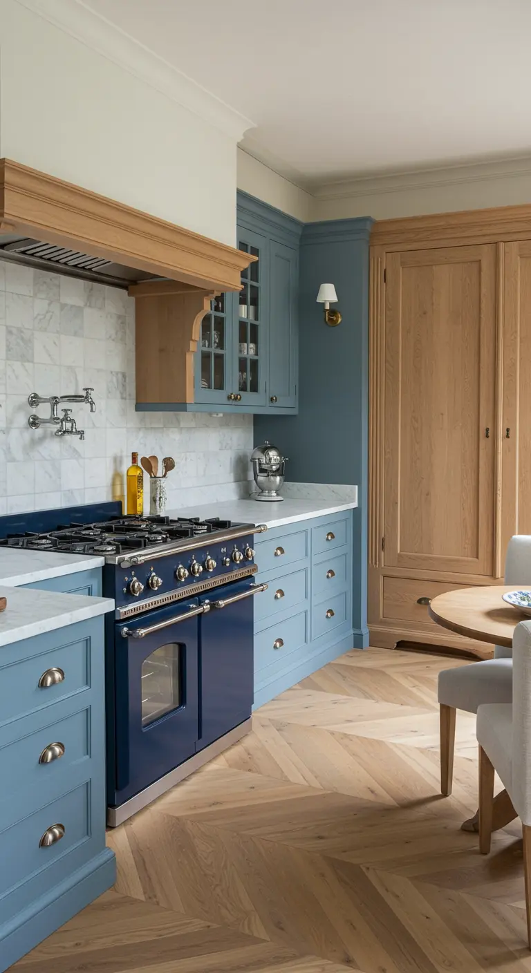 A kitchen with light blue cabinets, a bold navy blue range, and light wood herringbone floors.