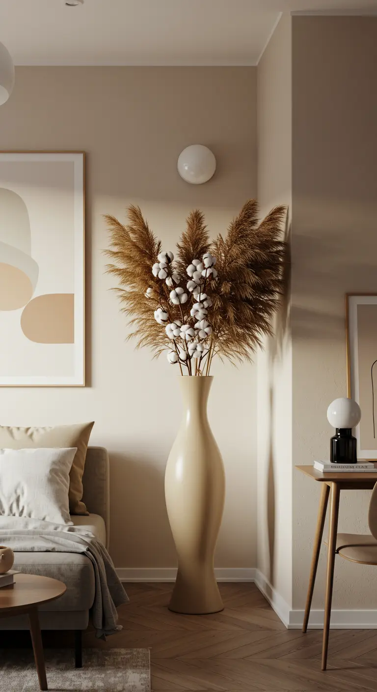 A tall, slender cream vase holding a large arrangement of pampas grass and cotton.
