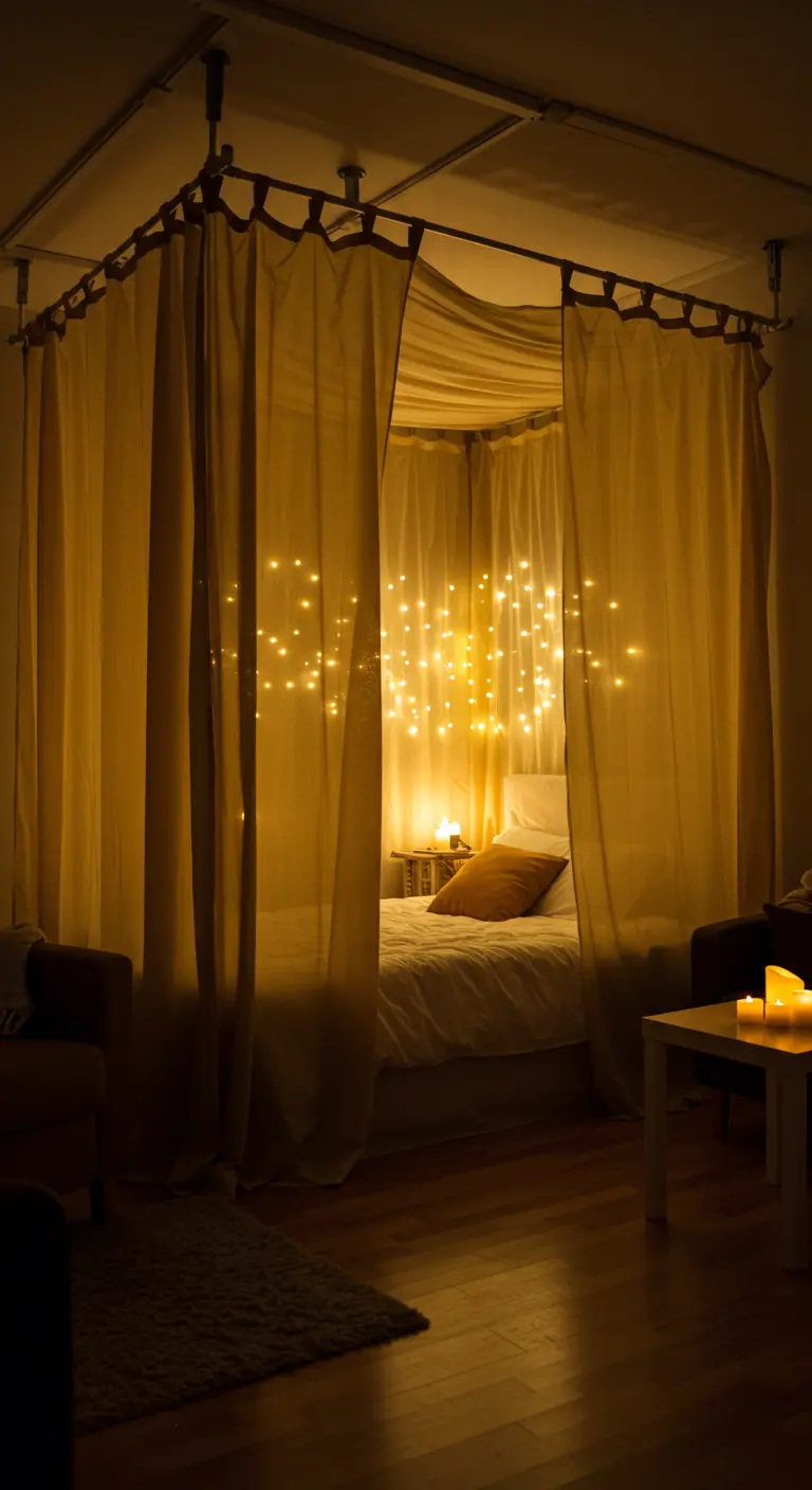 A bed enclosed by sheer yellow curtains hanging from a ceiling track, with fairy lights behind.