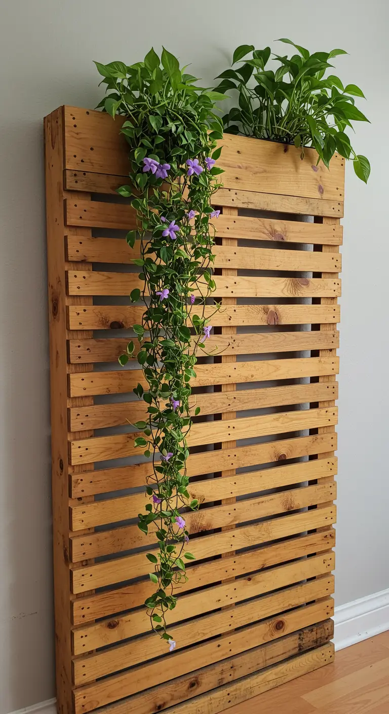 An indoor pallet planter mounted on a wall with lush green and purple vines cascading down the front.