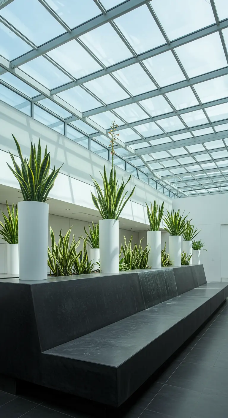 A long, black concrete bench in a glass-roofed atrium lined with tall snake plants in white pots.