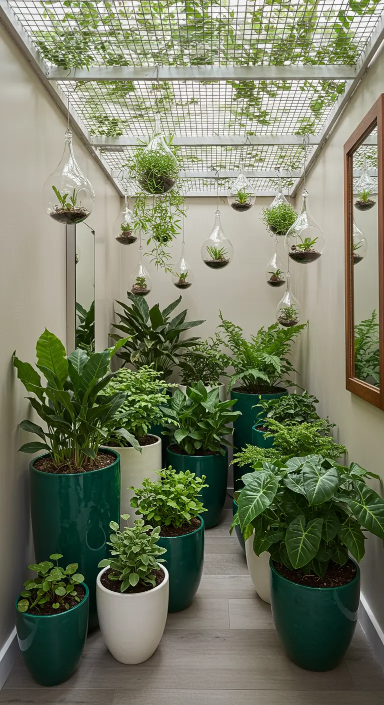 A narrow indoor room with a wire grid ceiling, hanging terrariums, and dozens of potted plants.