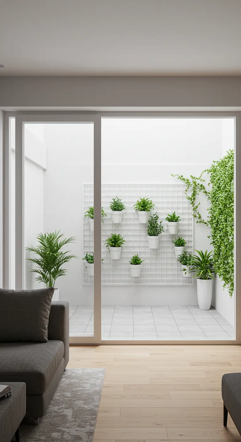 A view from a living room to an outdoor courtyard with a white grid of planters.