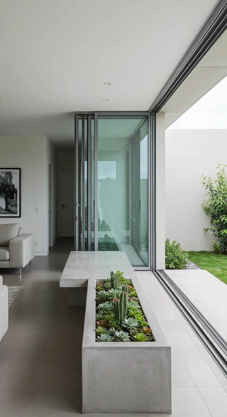 A concrete planter bench that flows from the living room out to the patio through glass doors.