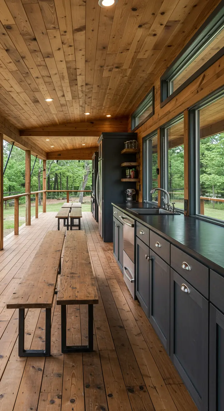 A long, covered porch with a galley kitchen and bench-style dining area.