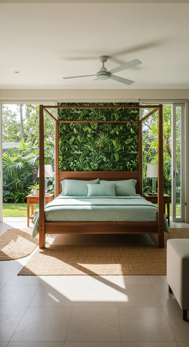 A bedroom with a tropical leaf wallpaper wall and glass doors opening to a garden.