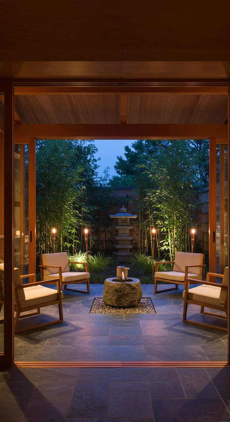 A covered patio with four wooden armchairs facing a stone water basin and lush garden.
