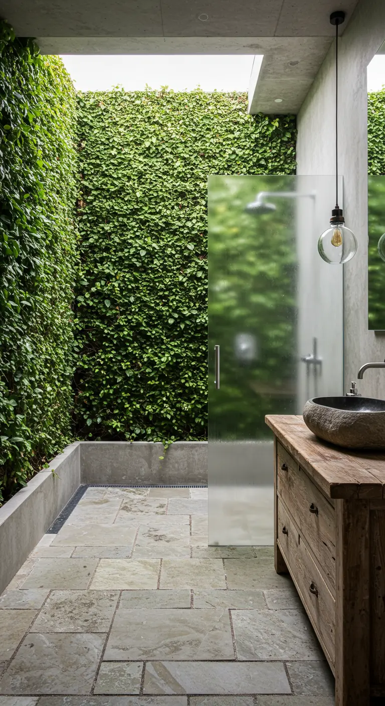 An open-air shower with concrete walls, stone floor, and climbing ivy.