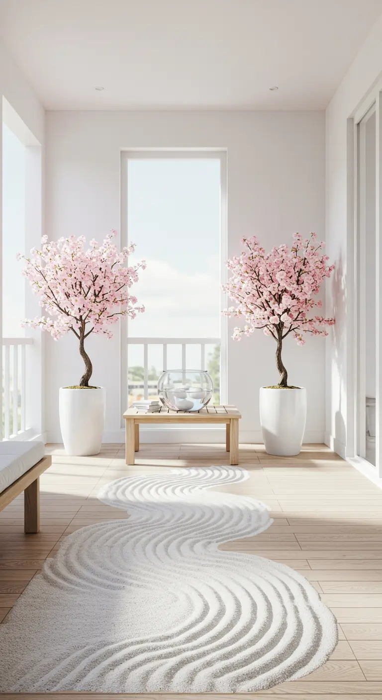 Bright sunroom with two cherry blossom trees, a wooden table, and a raked sand garden on the floor.