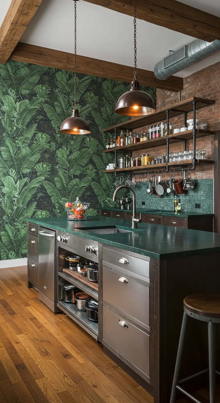 Industrial loft kitchen with bold banana leaf wallpaper, exposed brick, and a metal island.