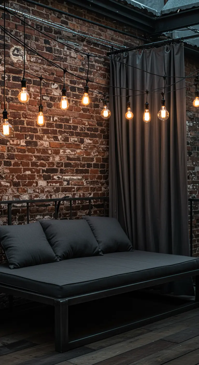 A black metal daybed with dark cushions against a brick wall, with warm string lights.