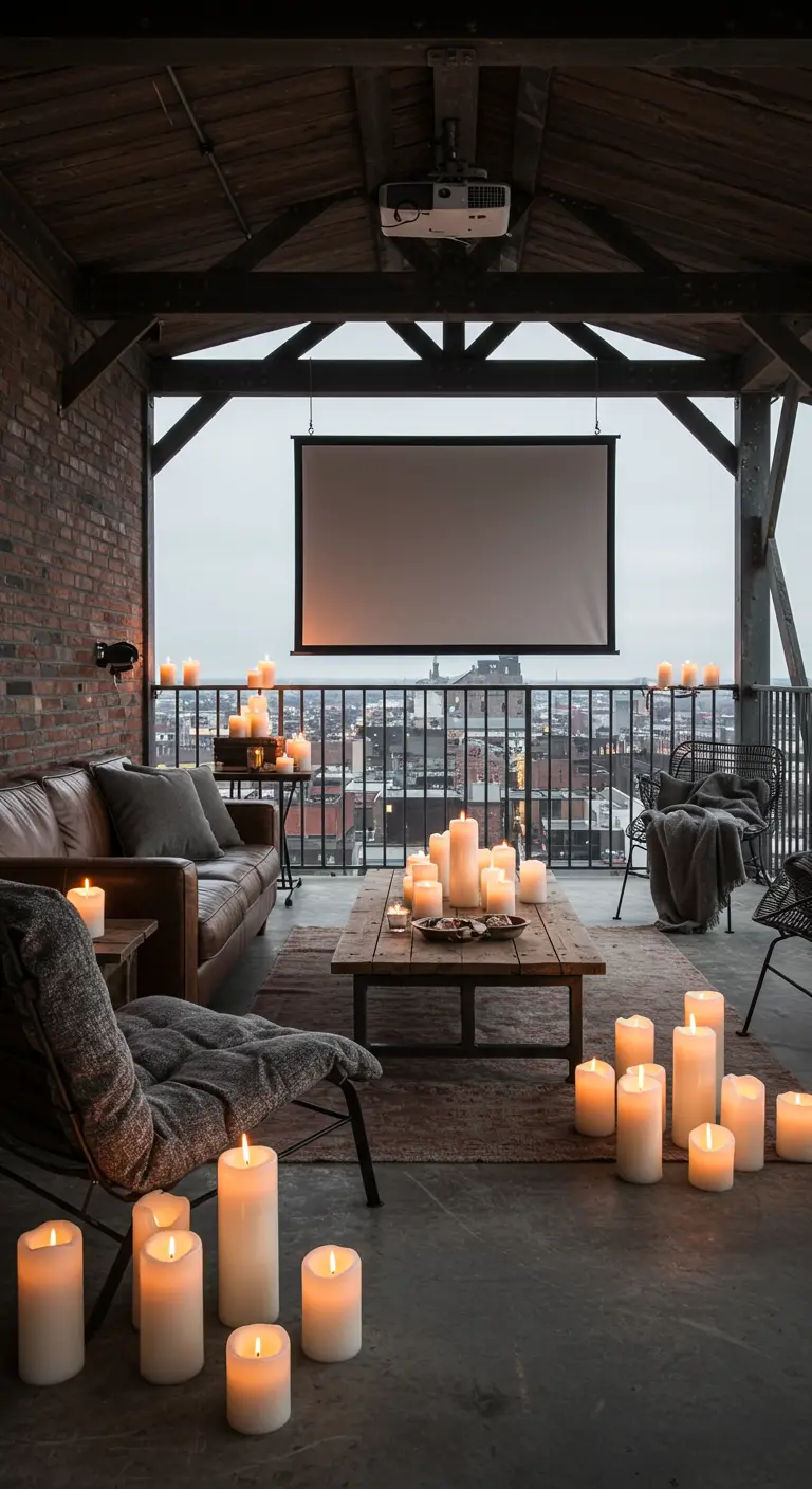 An industrial loft balcony with a leather sofa and dozens of pillar candles clustered on the floor.