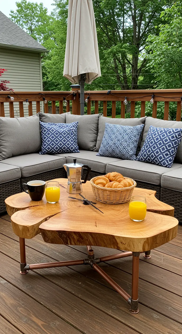 A live-edge wood slice coffee table with a DIY copper pipe base on a deck with a gray sofa.