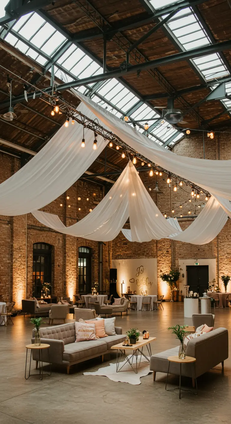An industrial loft space with exposed brick, decorated with couches, draped fabric, and string lights.