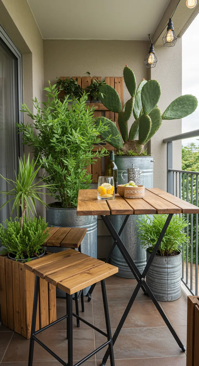 A balcony with large galvanized tubs used as planters for cacti and shrubs.