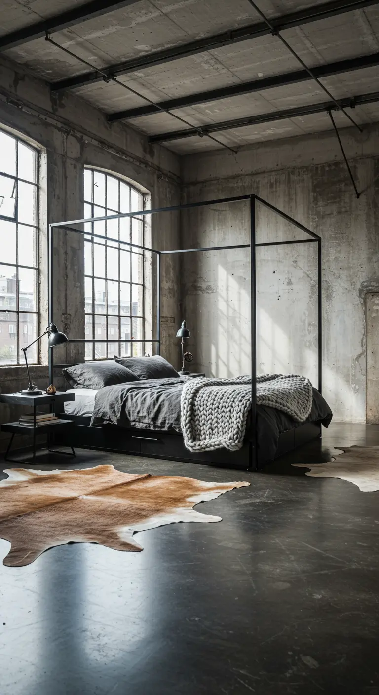 Industrial loft bedroom with a black canopy bed and a cowhide rug on a concrete floor.