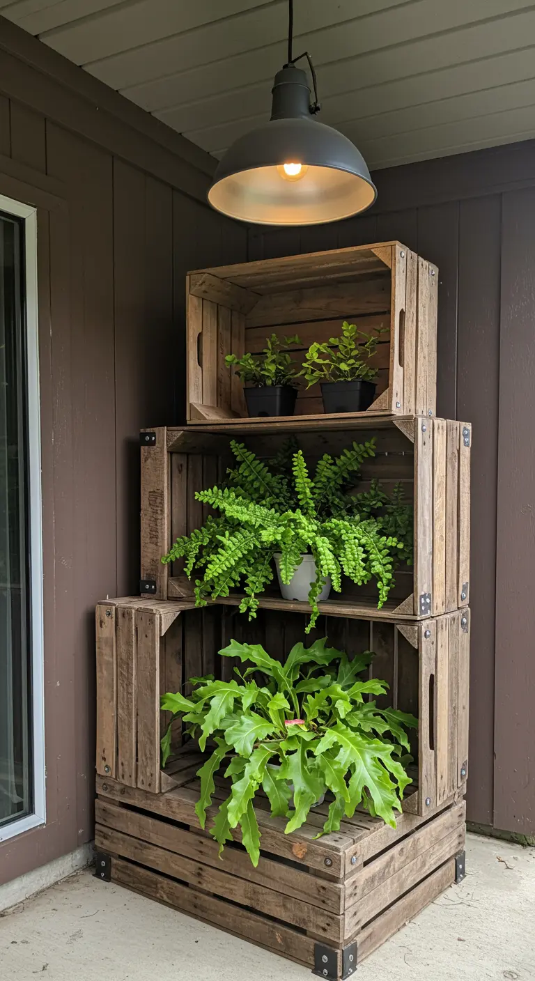 A corner display of stacked rustic crates with various ferns, illuminated by a large industrial-style pendant lamp.